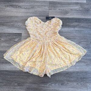 Lulus Marinella Yellow Floral Ruched Strapless Romper Size L